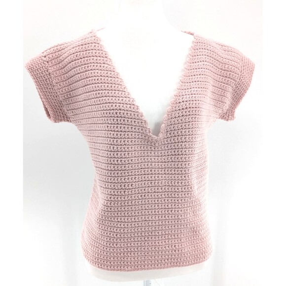 Handmade Crochet Pink Short Cap Sleeve V-neck Sweater Shirt Blouse Size Medium - Picture 1 of 4